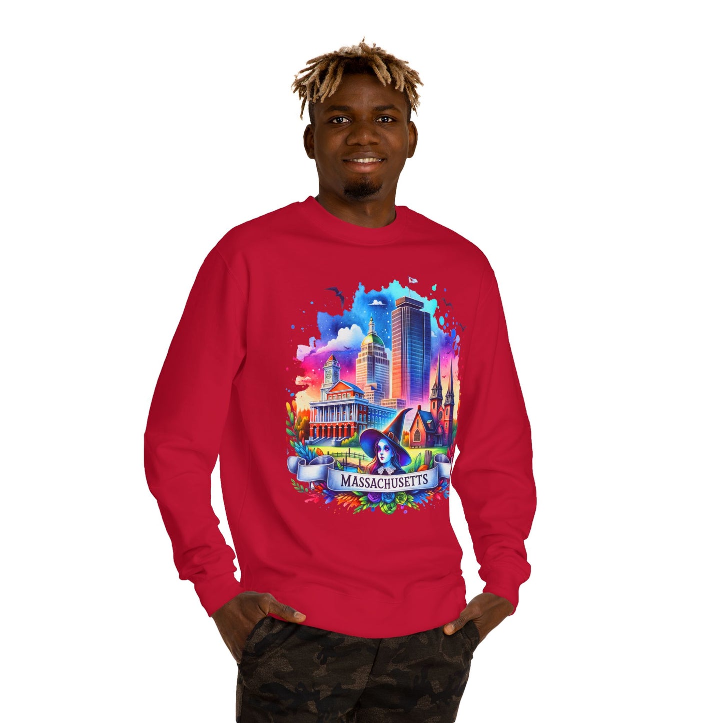 Massachusetts Skyline Crewneck Sweatshirt — Colorful Boston Landmark Graphic