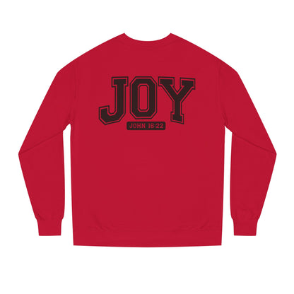 JOY Crewneck Sweatshirt — Bold Collegiate Faith Design (John 16:22)