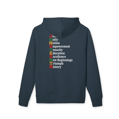 Juneteenth Hoodie — 'JUNETEENTH' Vertical Acronym Design (Unity, Nation, Empowerment)