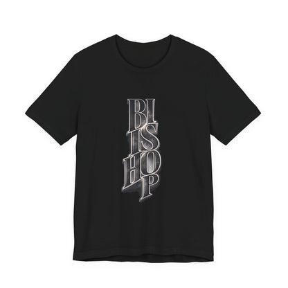 Bishop Vertical Script Tee — Vintage Gothic Lettering T-Shirt