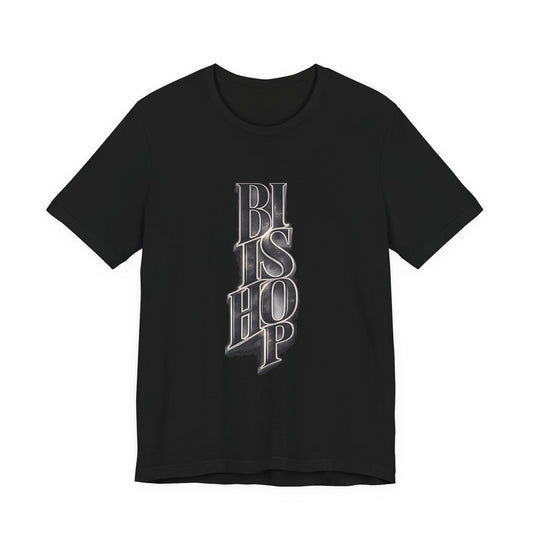 Bishop Vertical Script Tee — Vintage Gothic Lettering T-Shirt