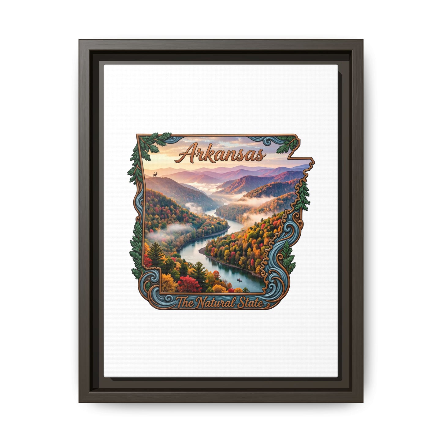 Arkansas Scenic State Map Canvas — "The Natural State" Framed Wall Art