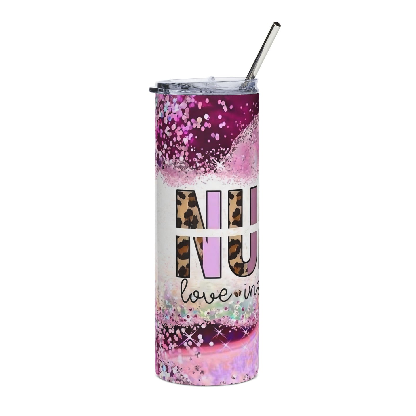 Nurse Leopard Print 20oz Stainless Tumbler — Pink Glitter ‘Love. Inspire.’ Design