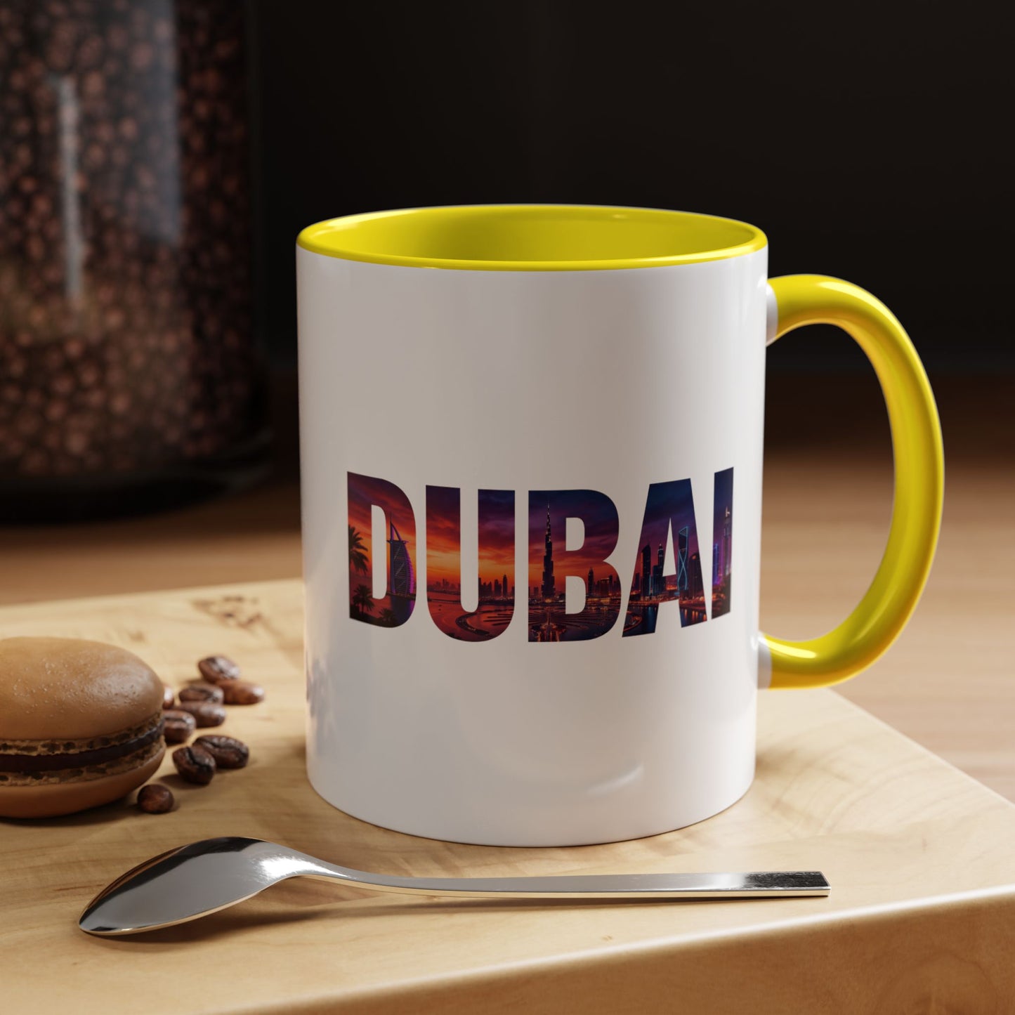 Dubai Skyline Accent Coffee Mug — Sunset City Photo Text (11/15oz)