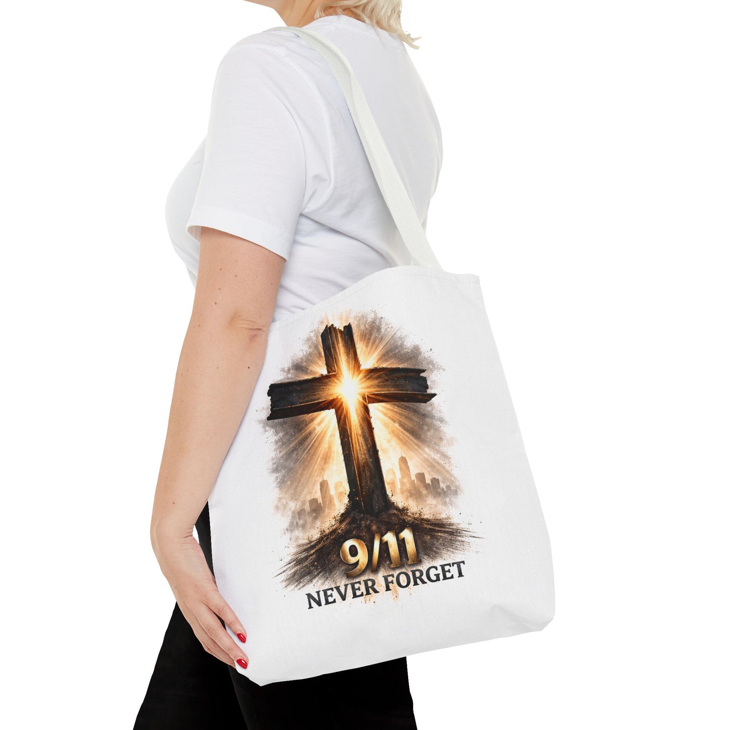 9/11 Never Forget Cross Memorial Tote Bag — Patriotic Remembrance Shopper