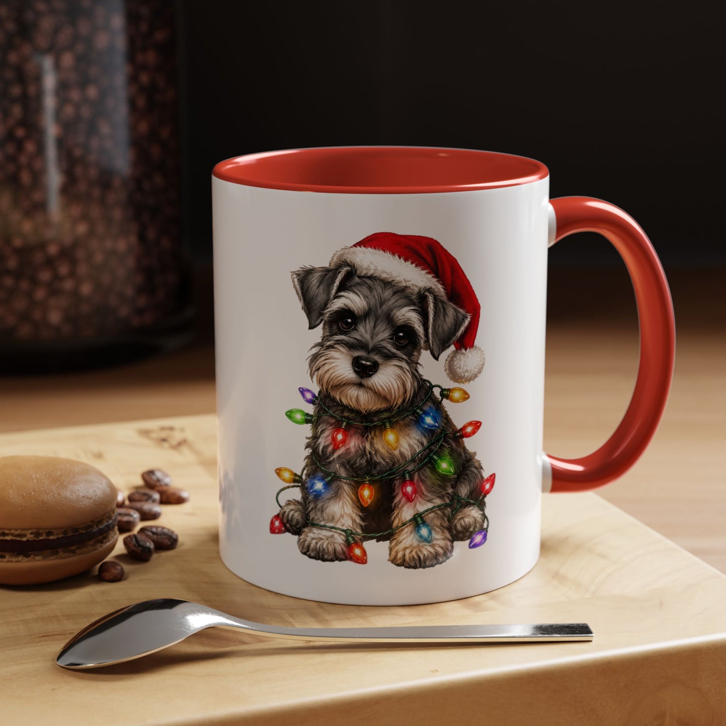 Christmas Puppy Coffee Mug — Schnauzer in Santa Hat with Holiday Lights (11/15oz)
