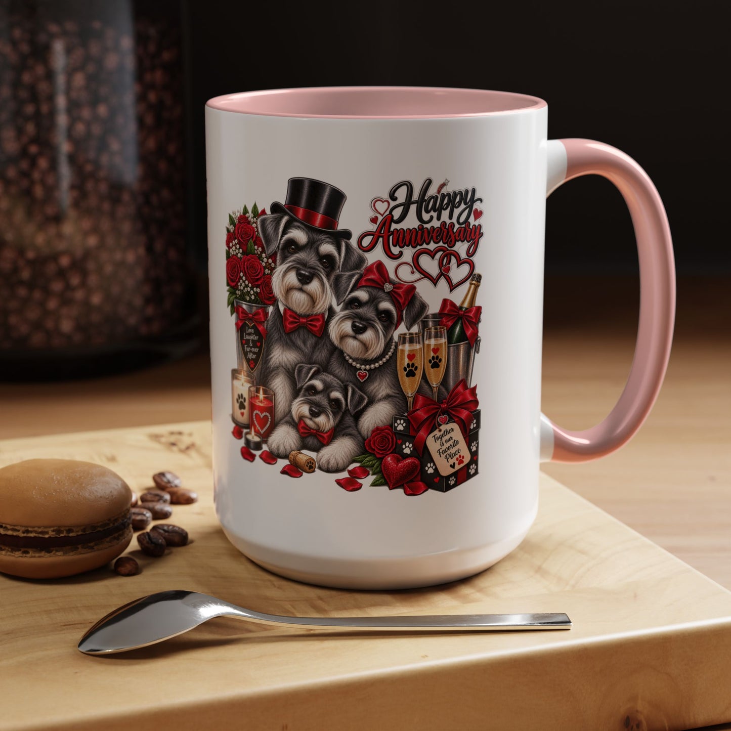Happy Anniversary Dog Coffee Mug — Cute Pups, Champagne & Roses Accent Mug