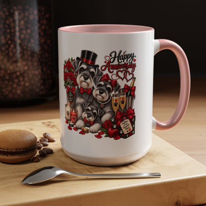Happy Anniversary Dog Coffee Mug — Cute Pups, Champagne & Roses Accent Mug
