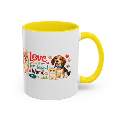 Dog Lover Accent Coffee Mug — “Love is a Four-Legged Word” Ceramic Gift