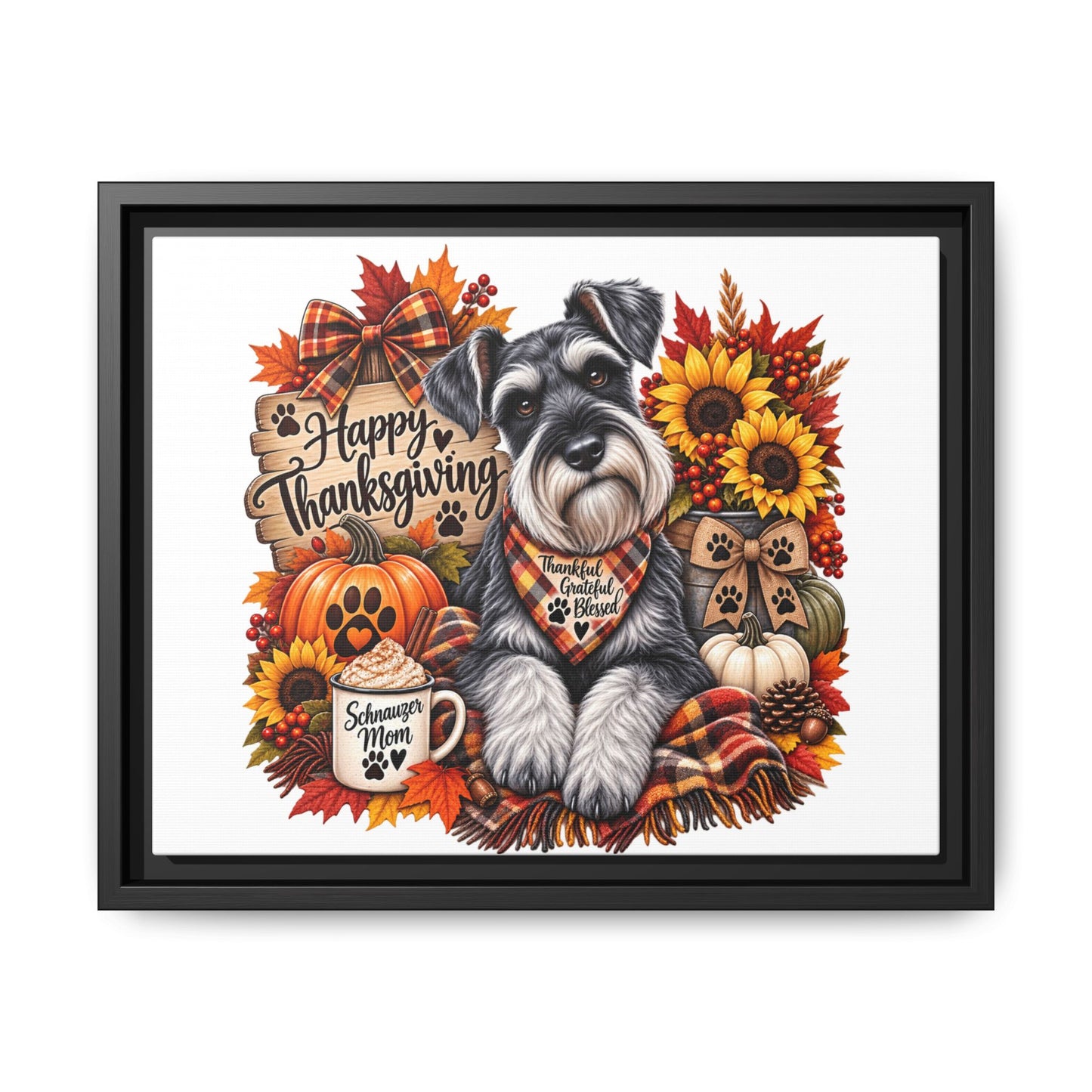 Happy Thanksgiving Schnauzer Framed Canvas — Autumn Dog Wall Art