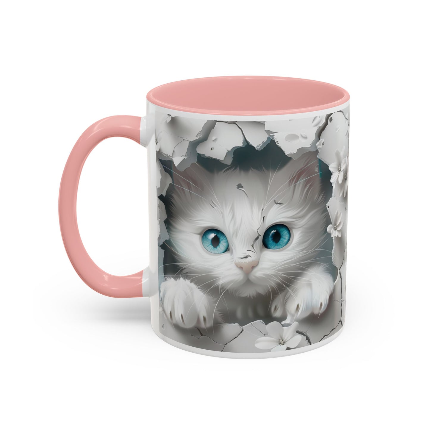 Cute Blue-Eyed Kitten Accent Coffee Mug – Floral Peekaboo Cat Design (11/15 oz)