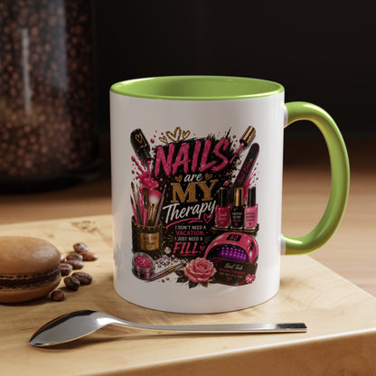Coffee Mug — "Nails Are My Therapy" Pink Nail Tech Gift