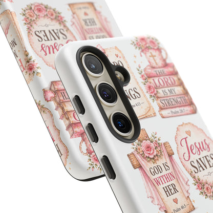 Christian Phone Case — Jesus Saves Floral Tough Case with 'God Is Within Her' & 'Trust God' Design