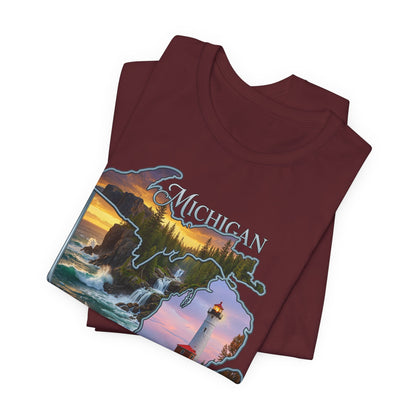 Michigan Scenic Map T-Shirt — Great Lakes Lighthouse Sunset Tee