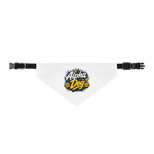 Alpha Dog Clip-On Pet Bandana — White Pet Neck Scarf with 'Alpha Dog' Graphic