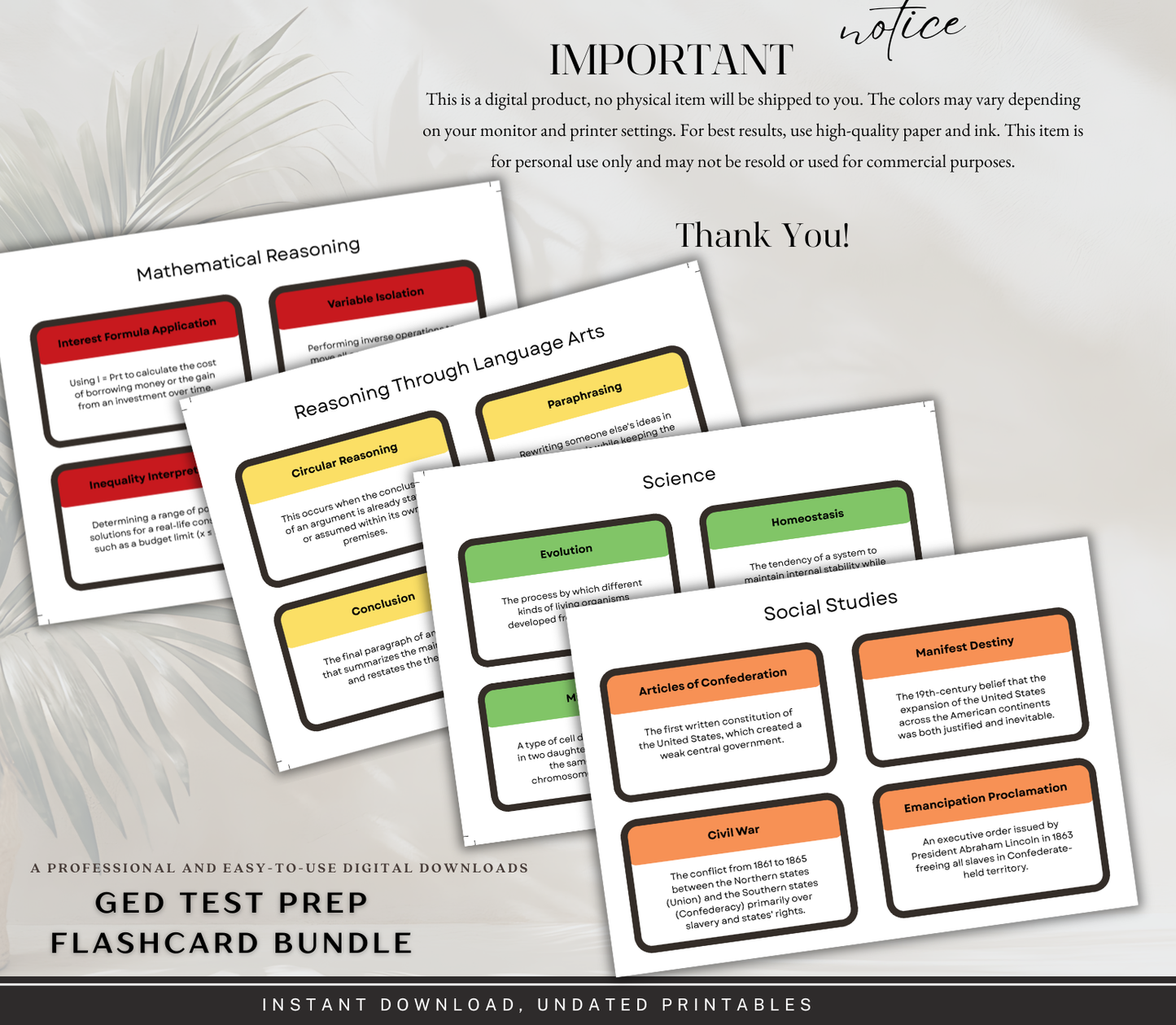 GED Test Prep Flashcards Bundle | Printable Study Cards for Exam Success