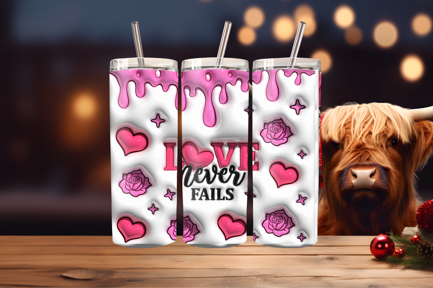 Inflated Love Never Fails Tumbler Wrap PNG | Inspirational Quote Design, 20oz Skinny Tumbler Sublimation, Romantic &amp; Faith-Based Wrap