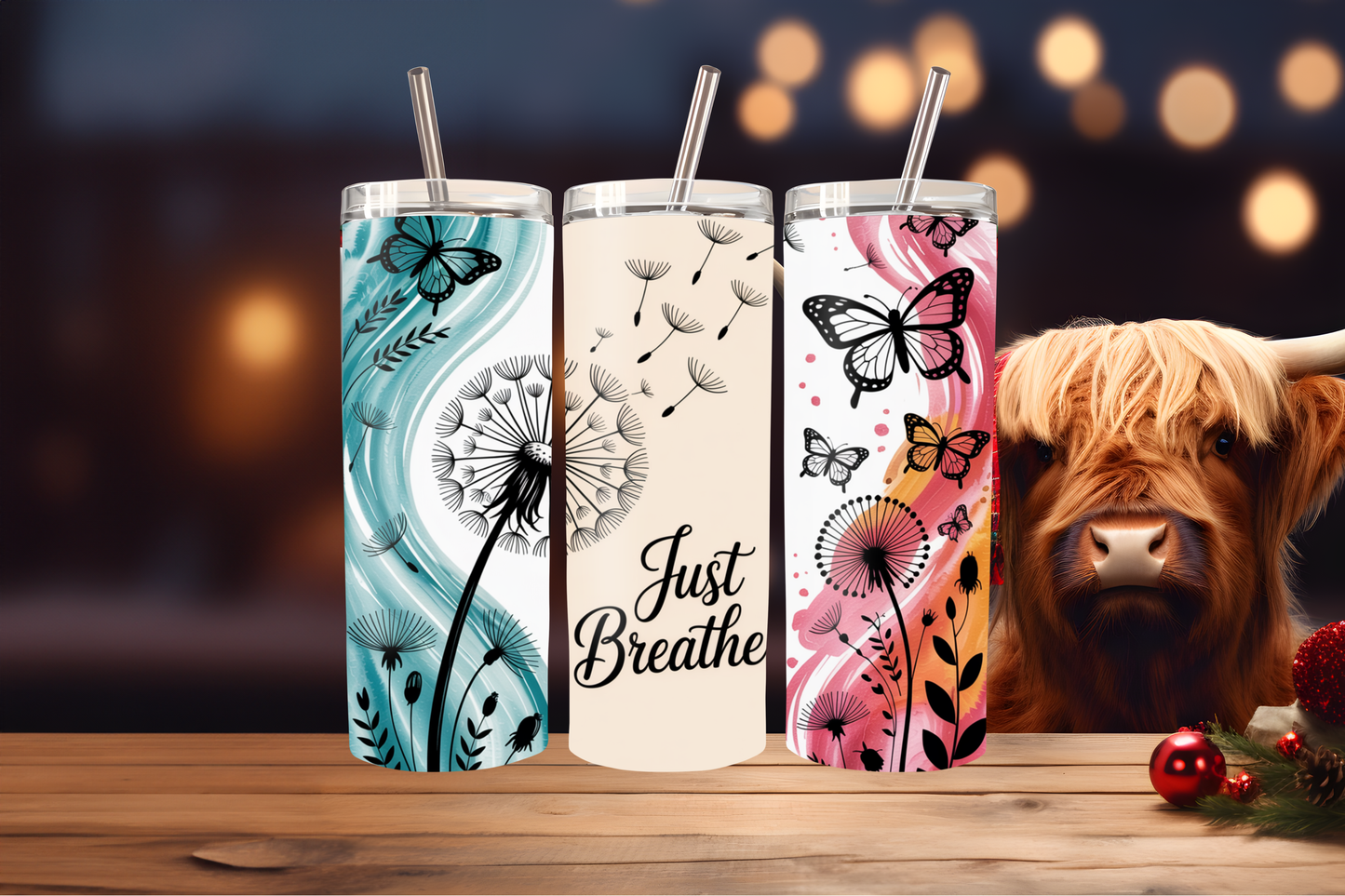 Just Breathe Tumbler Wrap PNG | Motivational Quote Design, 20oz Skinny Tumbler Sublimation, Mindfulness &amp; Self Care Tumbler Template