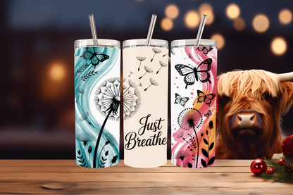 Just Breathe Tumbler Wrap PNG | Motivational Quote Design, 20oz Skinny Tumbler Sublimation, Mindfulness &amp; Self Care Tumbler Template