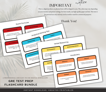 GRE Test Prep Flashcards Bundle | Printable Study Cards for Exam Success