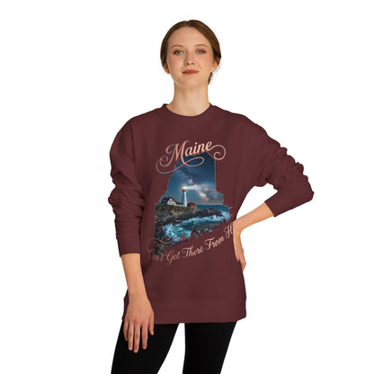 Maine Lighthouse Crewneck Sweatshirt — "Can't Get There From Here" Coastal Graphic