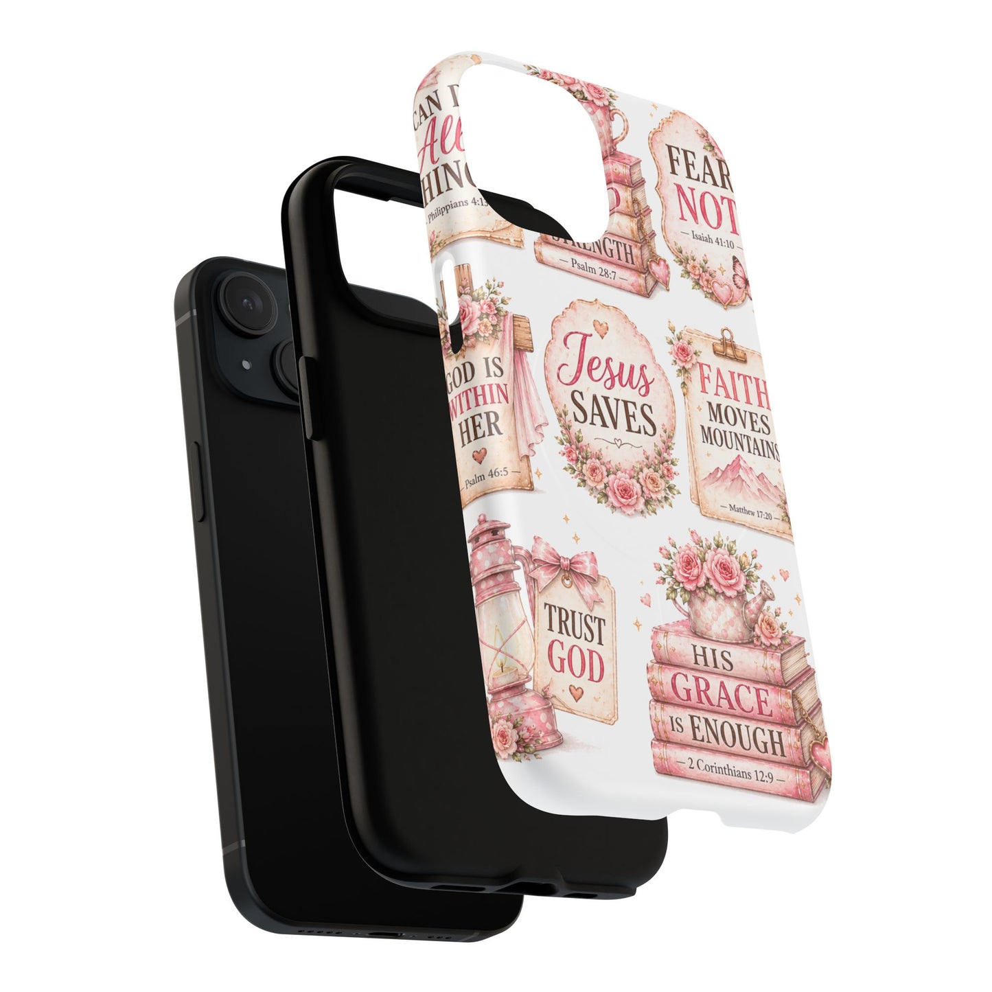 Christian Faith iPhone Tough Magnetic Case — 'Jesus Saves' Floral Scripture Design (Fear Not, Faith Moves Mountains)