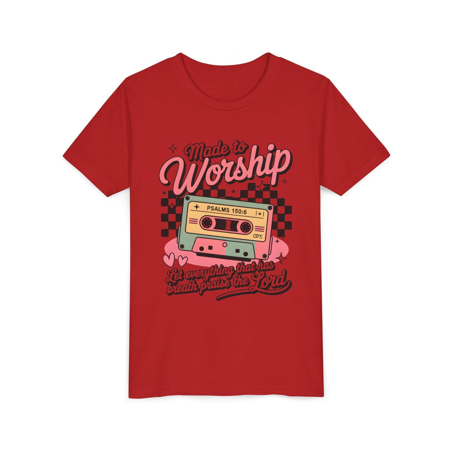 Made to Worship Youth Tee – Retro Cassette Christian Kids Shirt (Psalms 100:4)