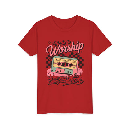 Made to Worship Youth Tee – Retro Cassette Christian Kids Shirt (Psalms 100:4)