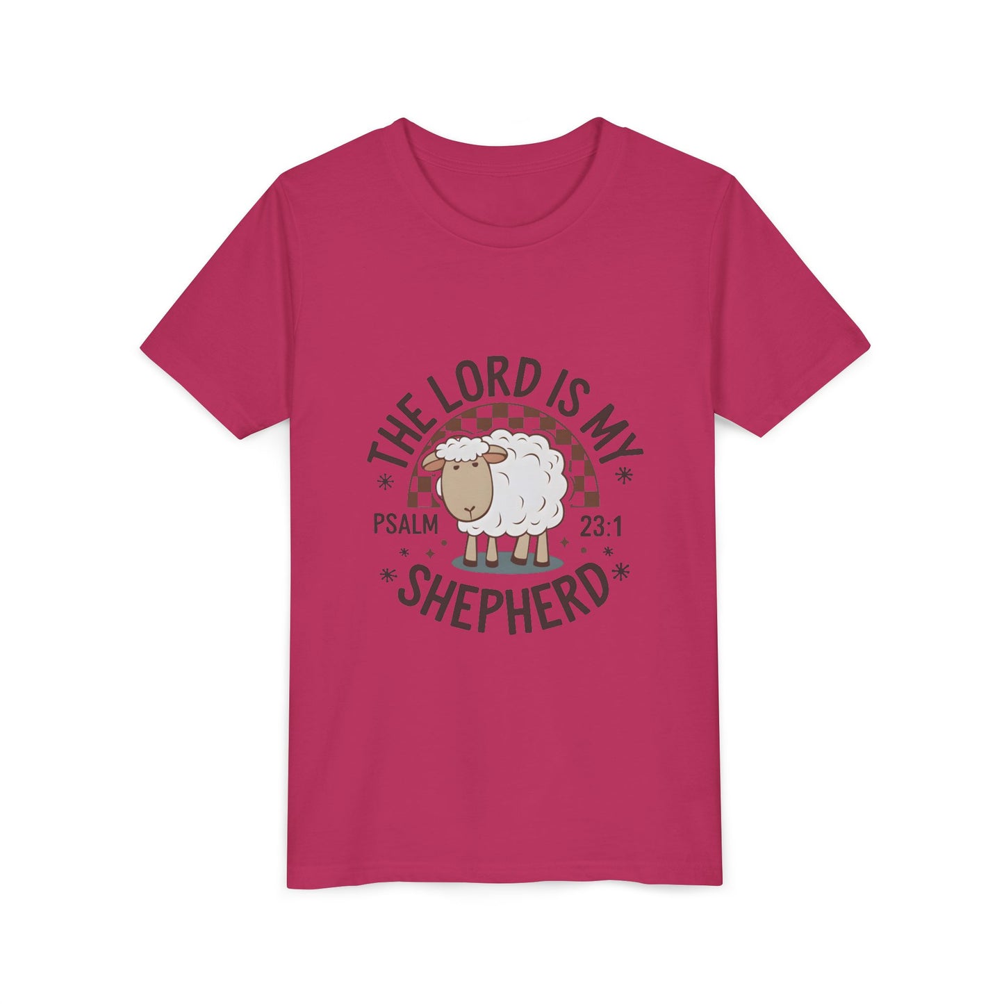 Youth Tee — "The Lord Is My Shepherd" Psalm 23:1 Christian Kids T‑Shirt (Sheep Design)