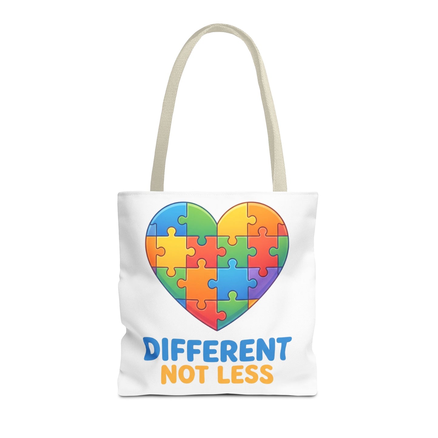 Autism Awareness Tote Bag — "Different Not Less" Heart Puzzle Design