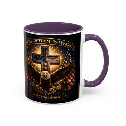 Patriotic Faith & Freedom Accent Coffee Mug — Eagle, Cross & American Flag (1776–2026)