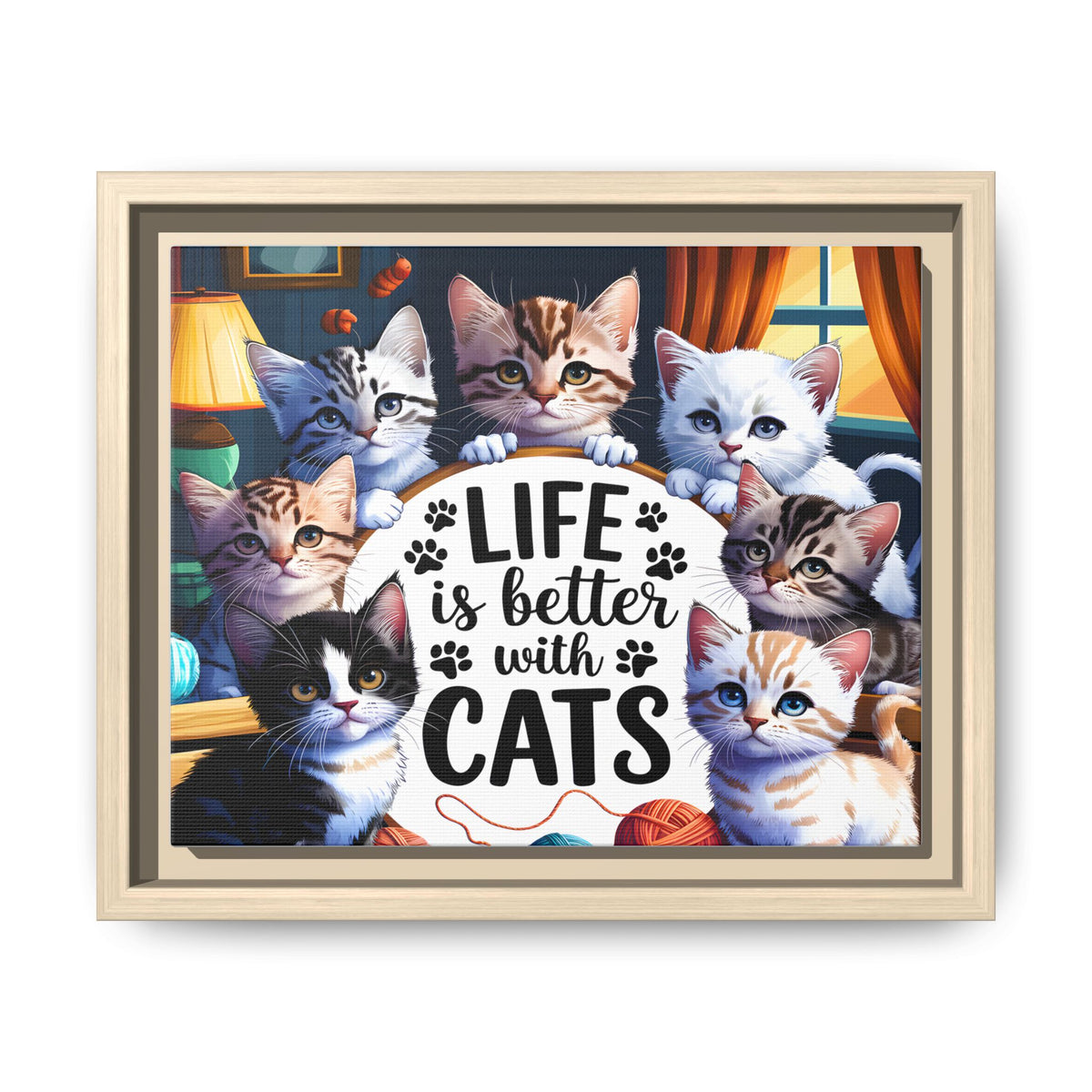 Framed Cat Canvas Wall Art — "Life Is Better With Cats" Matte Print