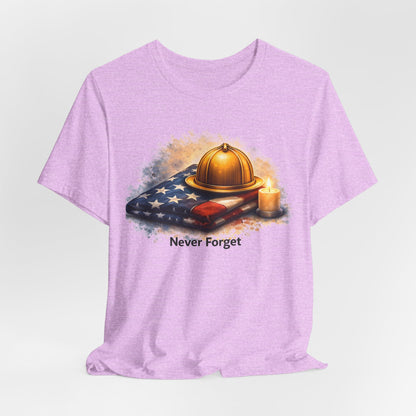 Never Forget Memorial T‑Shirt — Firefighter Helmet & Flag Tribute