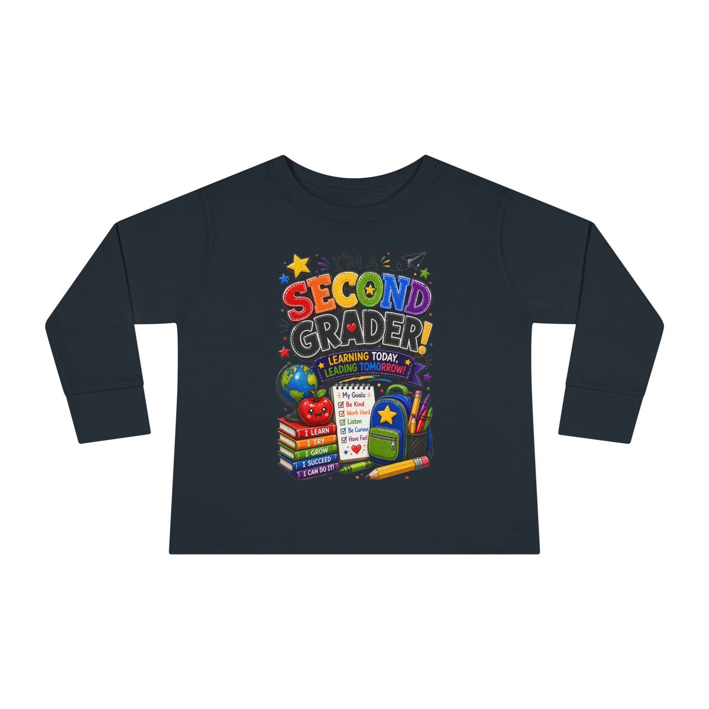 Toddler Long Sleeve Tee — "I'm a Second Grader!" Back-to-School Graphic Shirt