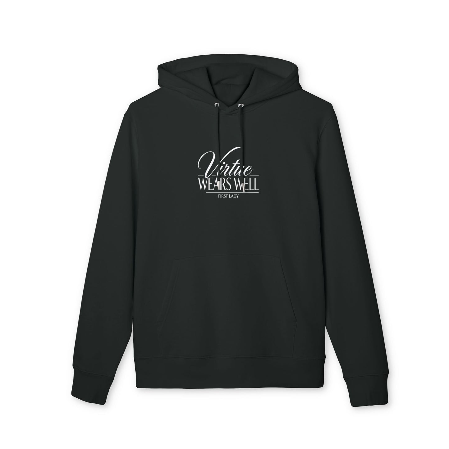 Hoodie — "Virtue Wears Well" Script Logo Pullover