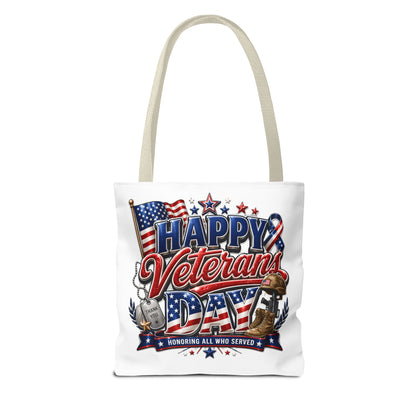 Veterans Day Tote Bag — "Happy Veterans Day" Patriotic All-Over Print
