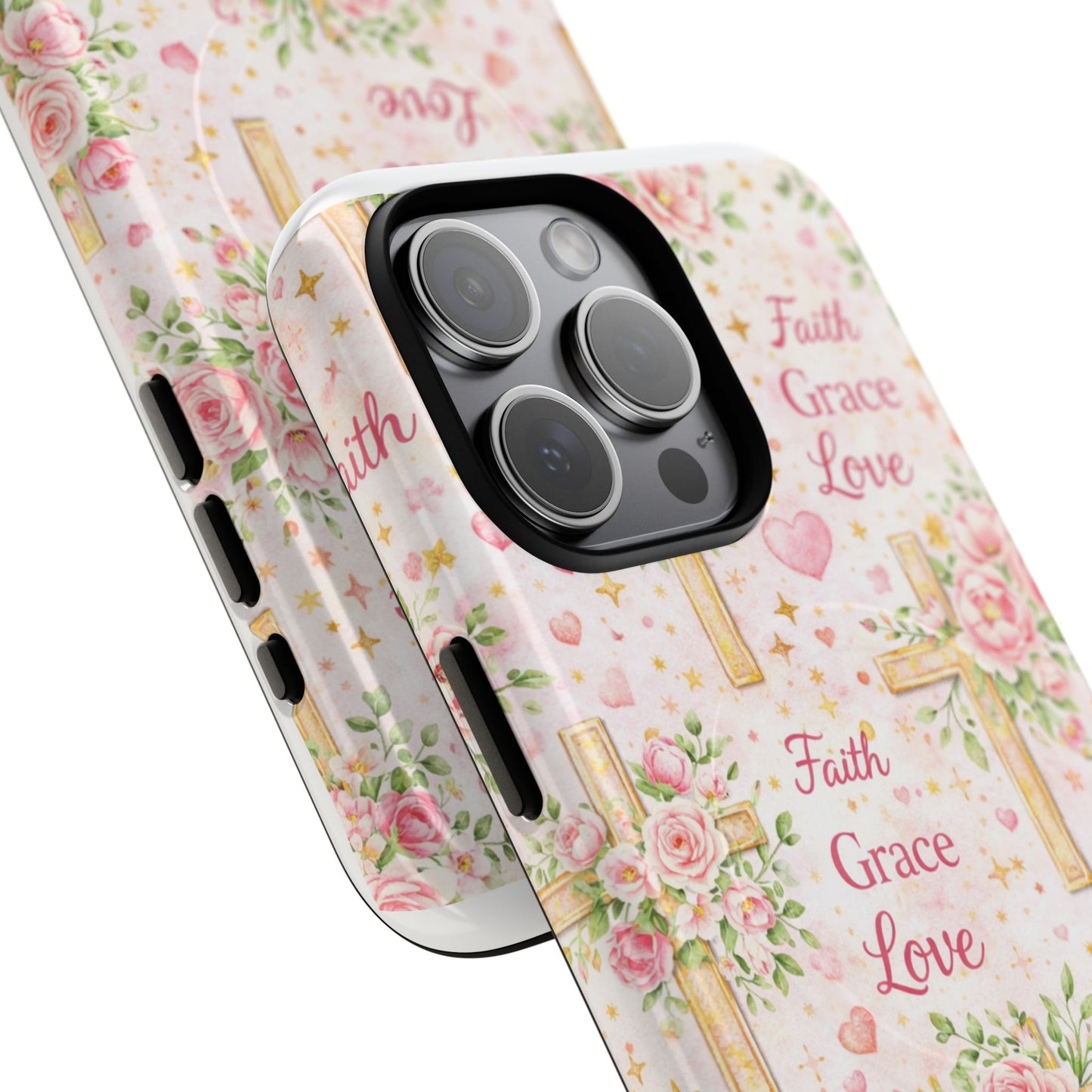Christian Floral Cross Phone Case — "Faith Grace Love" Tough Magnetic Case