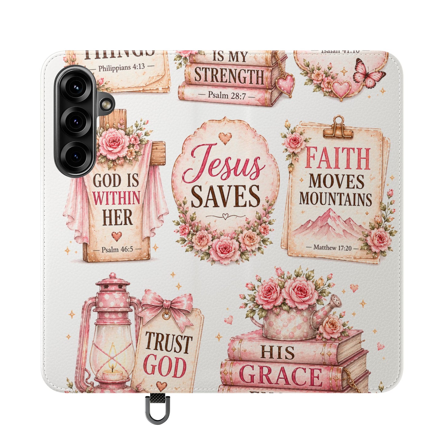Christian Floral Phone Flip Case — "Jesus Saves" & Inspirational Scripture Wallet Cover