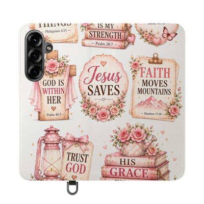 Christian Floral Phone Flip Case — "Jesus Saves" & Inspirational Scripture Wallet Cover