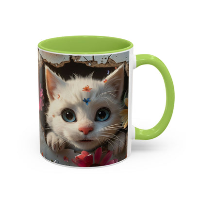 Cute White Kitten Coffee Mug – Floral Accent 11/15oz
