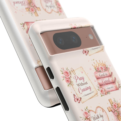 Christian Floral Phone Case — "Pray Without Ceasing" Faith Cross Design