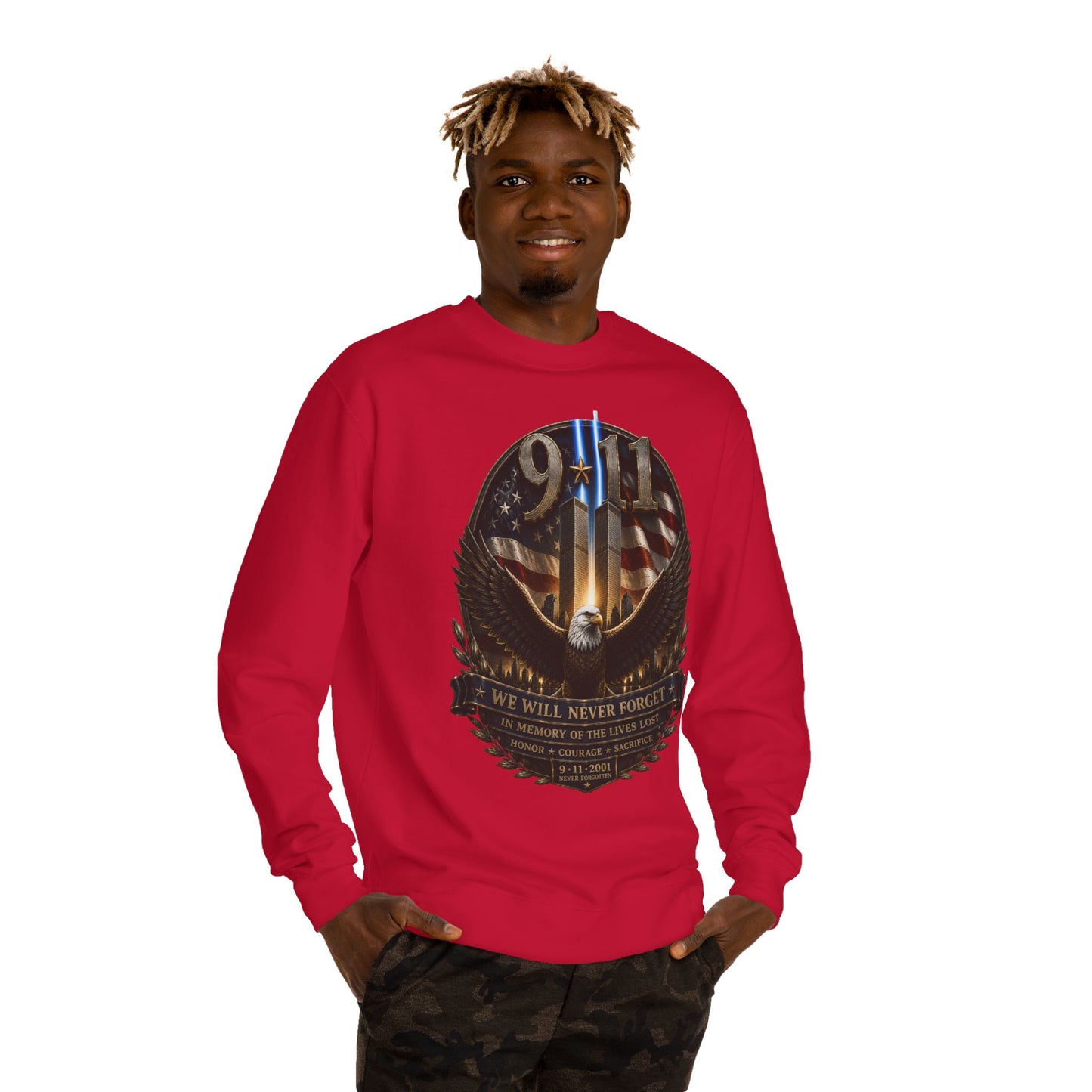 9/11 Memorial Sweatshirt — We Will Never Forget Tribute Crewneck