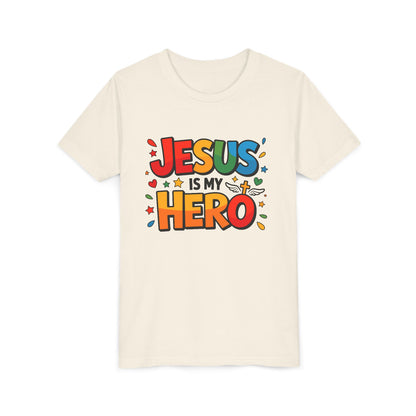 Youth Tee — "Jesus Is My Hero" Colorful Kids Christian T-Shirt