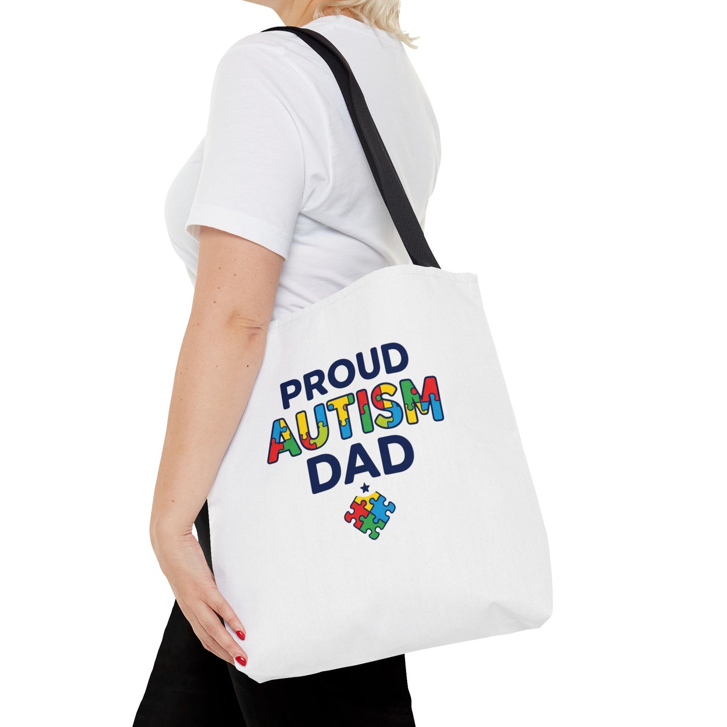 Proud Autism Dad Tote Bag — Colorful Puzzle-Heart Support Gift
