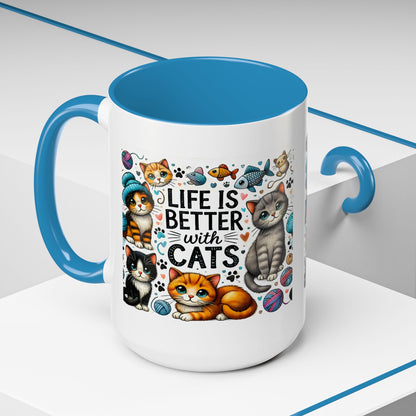 Life Is Better With Cats Accent Coffee Mug – Cute Kitten Ceramic Tea Cup (11/15oz)