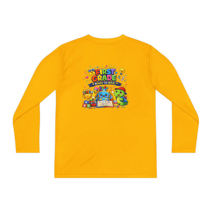 First Grade Ready Youth Long Sleeve Tee — "First Grade Here I Come" Back-to-School Shirt