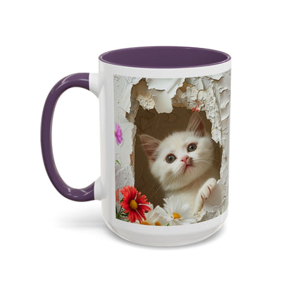 Peek-A-Boo Kitten Accent Coffee Mug — Cute Cat Floral Design (11/15oz)