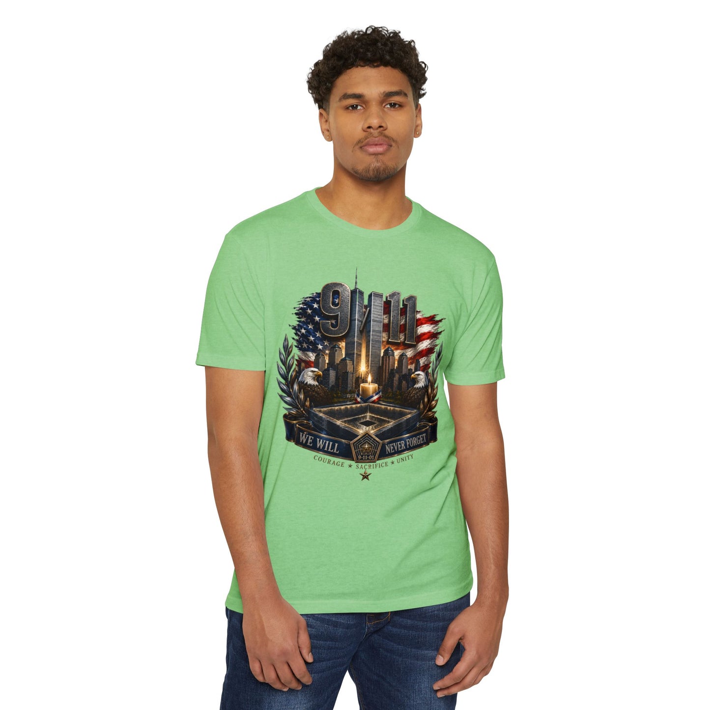 9/11 Never Forget Memorial T-Shirt — Tribute American Flag Skyline Tee
