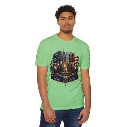 9/11 Never Forget Memorial T-Shirt — Tribute American Flag Skyline Tee