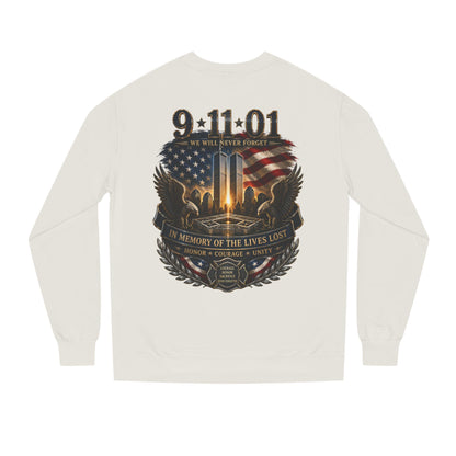 9/11 Memorial Sweatshirt - ‘We Will Never Forget’ Tribute Crewneck with Twin Towers & Flag